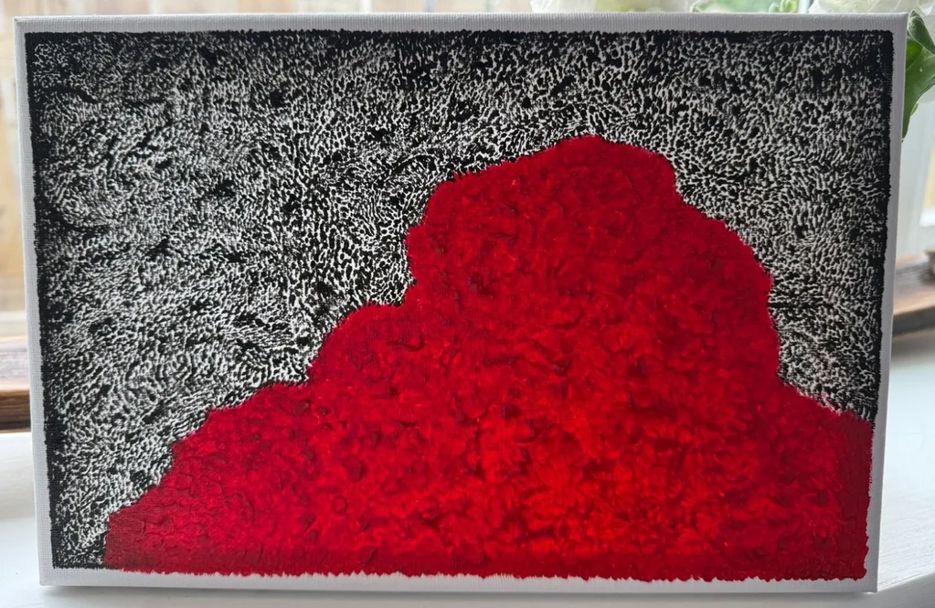 Abstract forms in black and white acrylic, with red areas in gouache paint. A5 canvas .