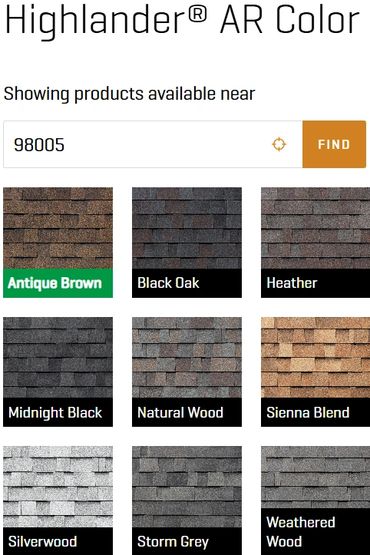 Various Highlander AR Color roofing shingle options with names and color samples.