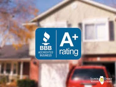 A house with a BBB A+ rating badge overlay and Illinois Wesleyan University logo.