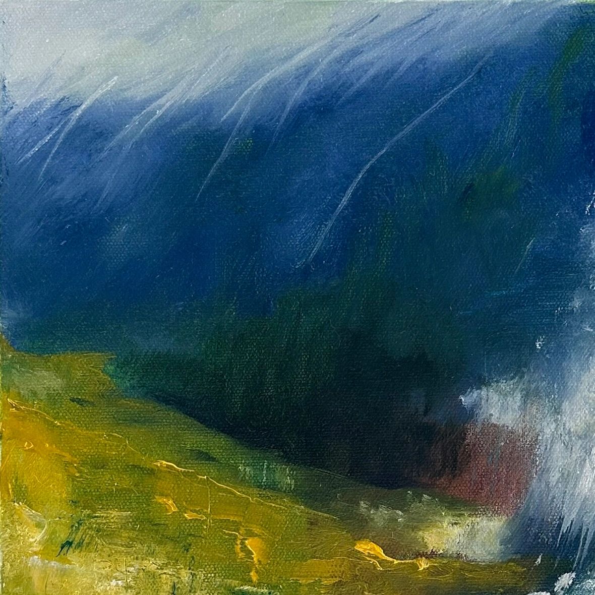 Abstract landscape with blue and yellow hues.