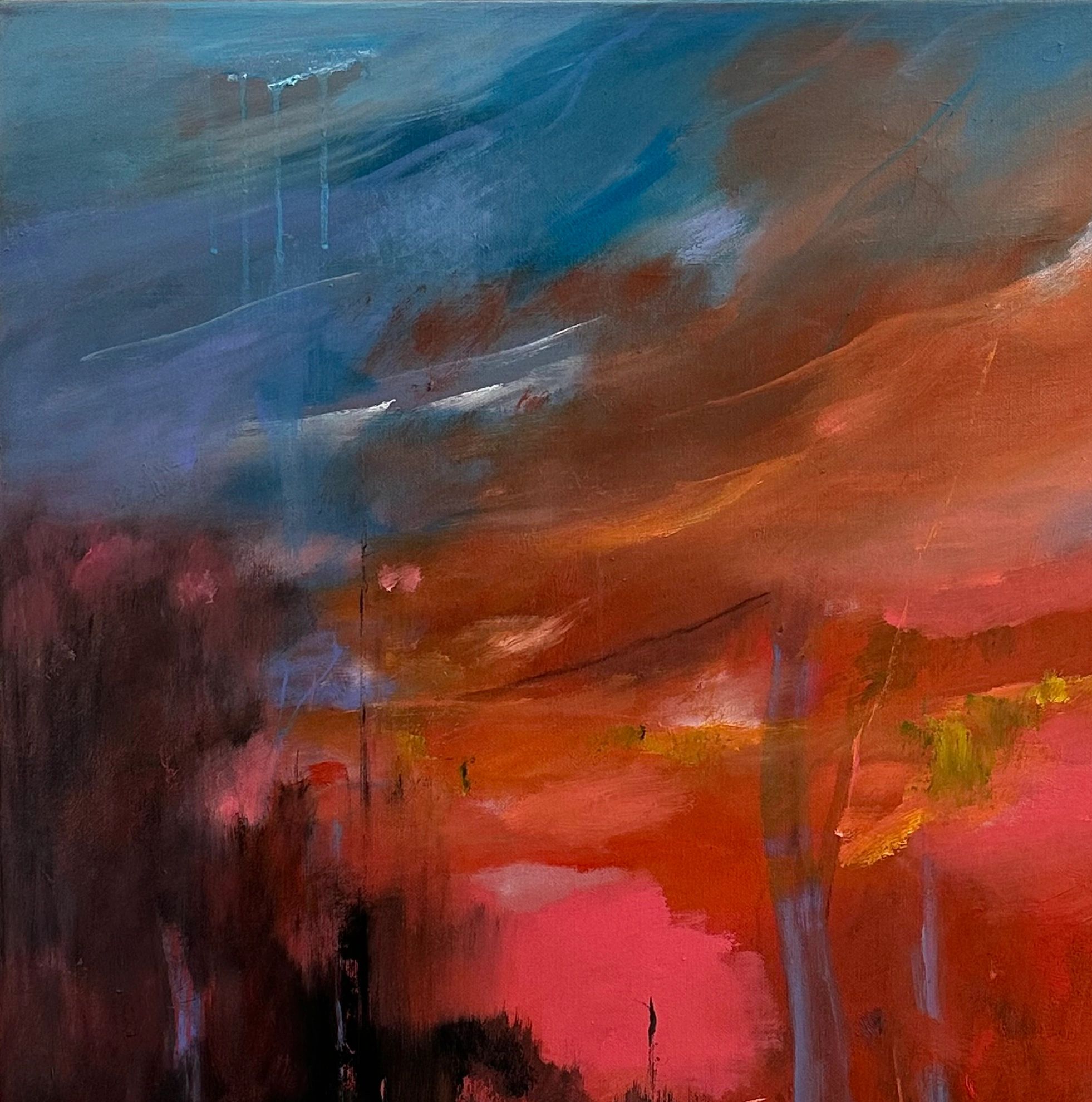 Abstract painting with blue, red, and black colors.