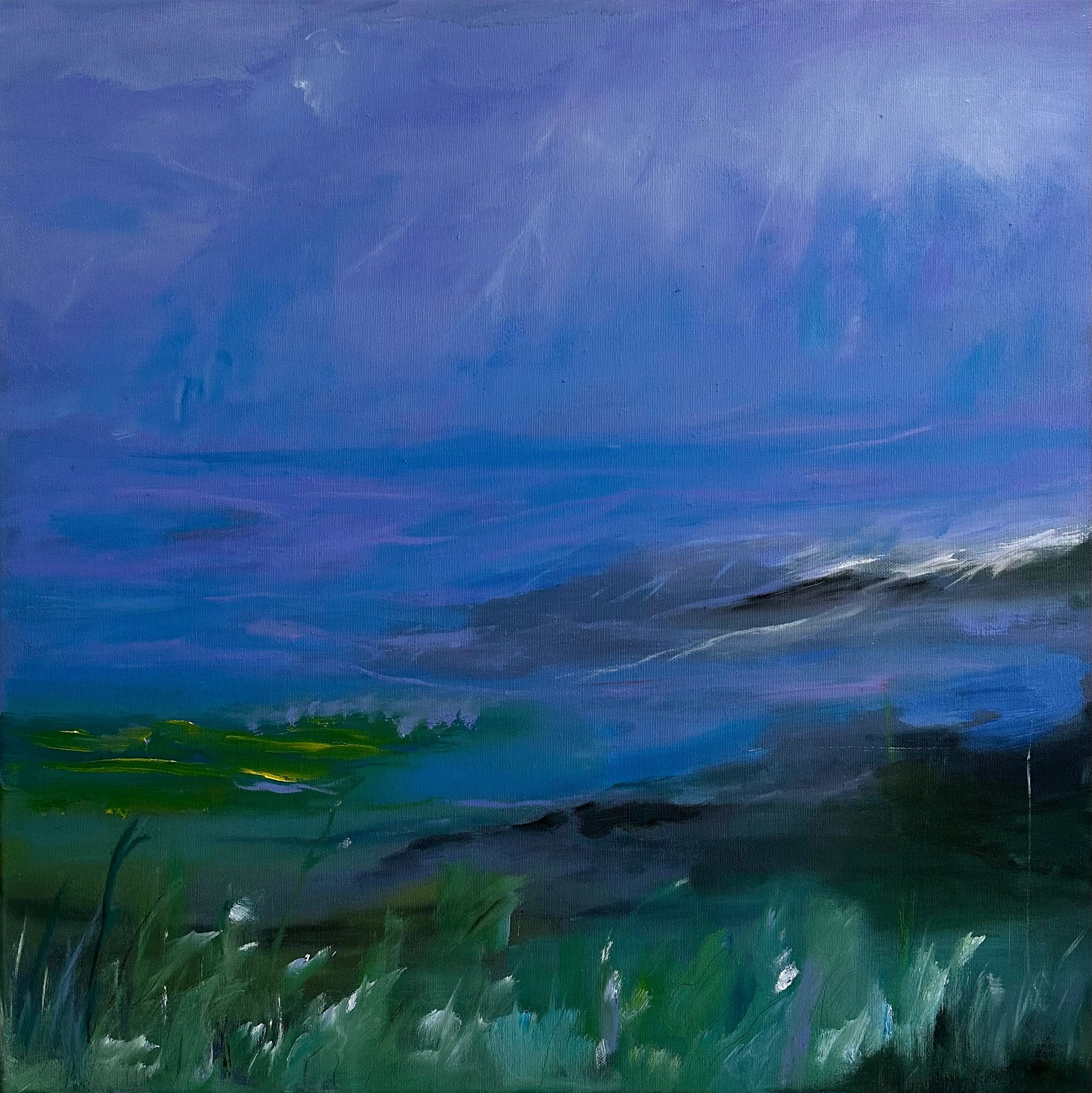 Abstract painting of a dark and moody landscape with stormy skies.