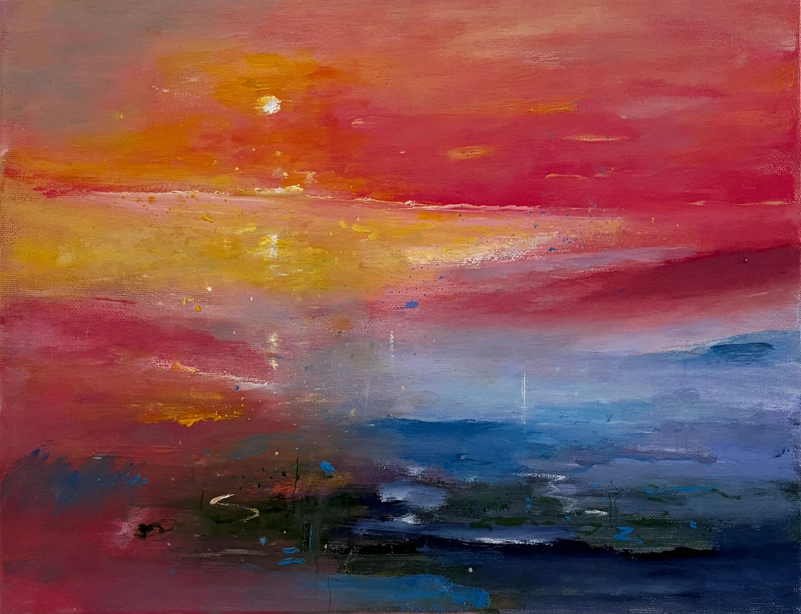 Abstract painting with vibrant sunset colors.