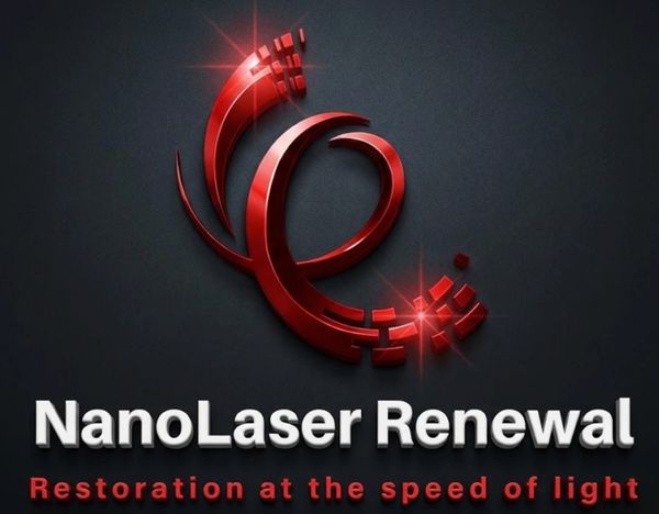 Logo for NanoLaser Renewal with a red abstract design and tagline.
