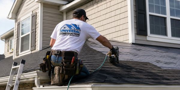 Universal Construction roofer replacing shingles on a home in Plymouth, MN