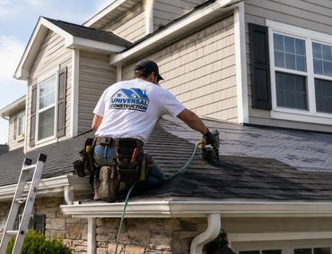 Construction worker installing shingles on roof.