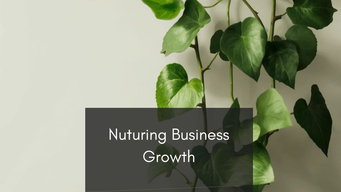 Green plant leaves with 'Nurturing Business Growth' text overlay.