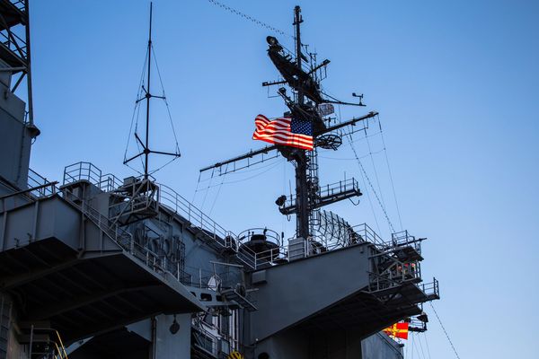 American flags on navy ship.
