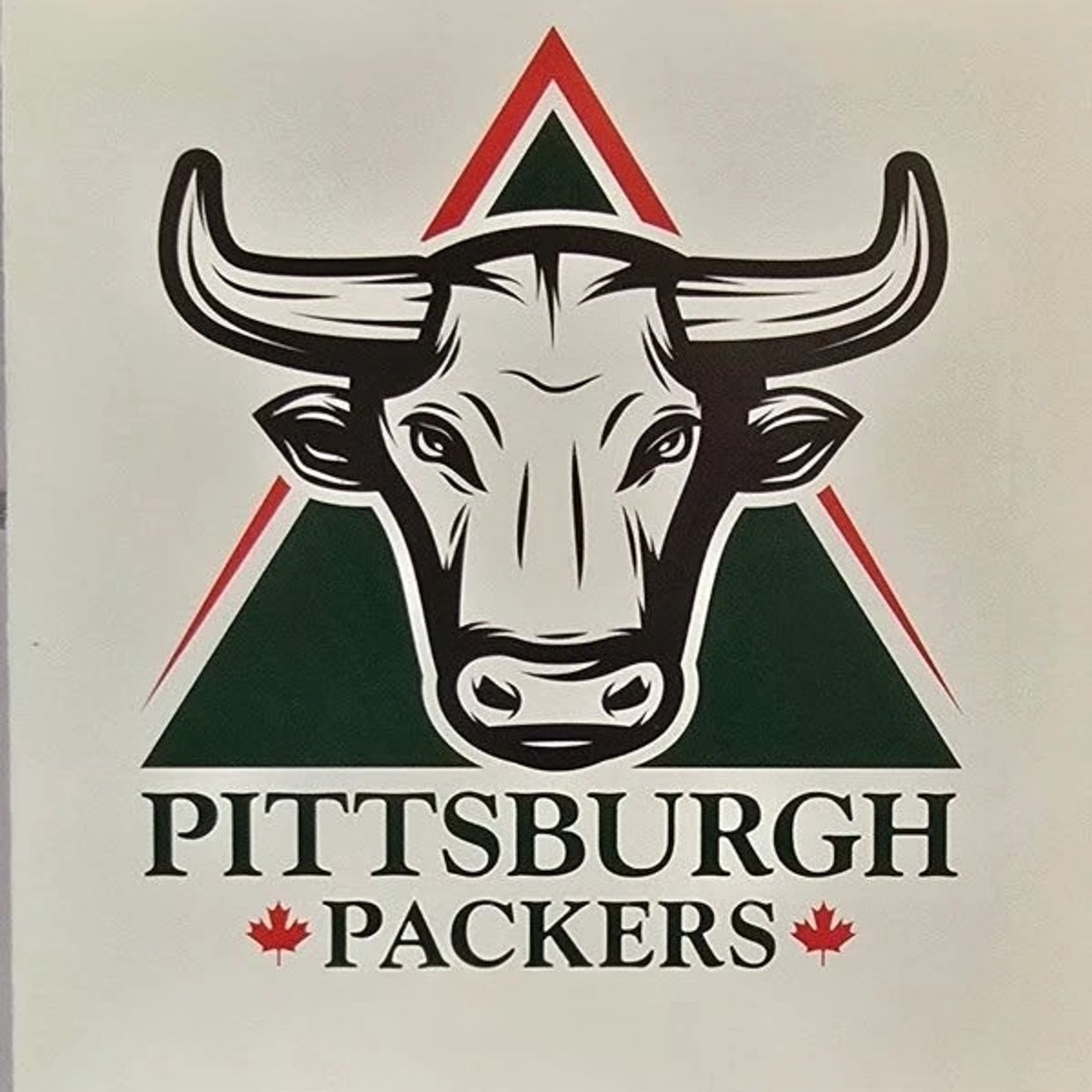 Logo of Pittsburgh Packers with a bull head and maple leaves.