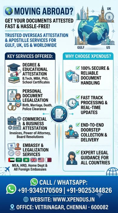 Ad services for attestation, legalization, and document handling for overseas relocation.
