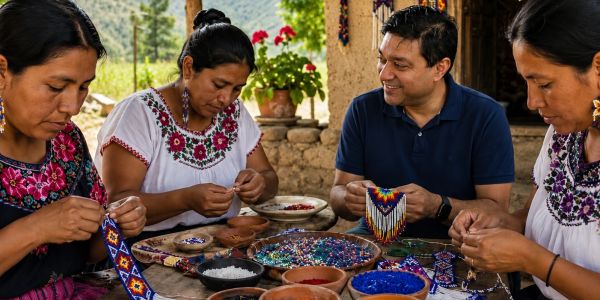 People crafting colorful beadwork together.