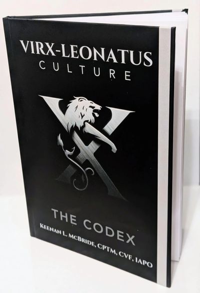 A black book titled 'Virx-Leonatus Culture: The Codex' by Keenan L. McBride.