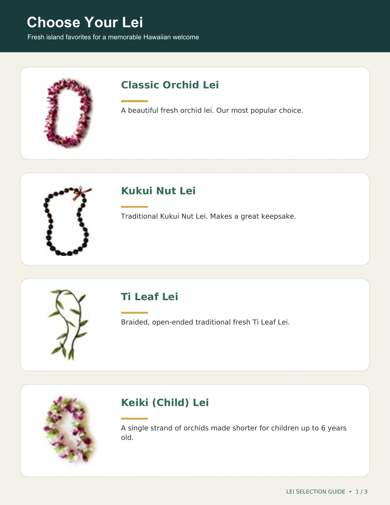 Hawaiian lei selection guide showing Classic Orchid, Kukui Nut, Ti Leaf, and Keiki child leis.
