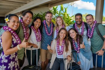 Large group wearing fresh orchid leis during a Kauai airport welcome