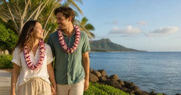 Honeymoon couple wearing fresh orchid leis beside the ocean on Oahu