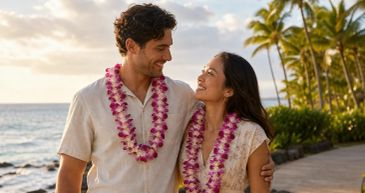 Honeymoon couple wearing fresh orchid leis beside the ocean on Maui