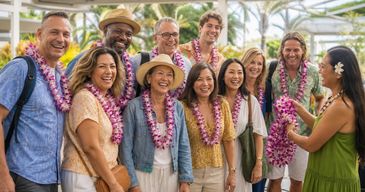 Travel group wearing fresh orchid leis after a Maui airport arrival