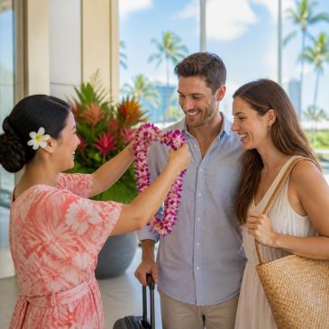 Couple receiving fresh orchid leis at Honolulu Airport on Oahu