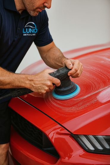 Man polishing a red car's hood with a buffer.