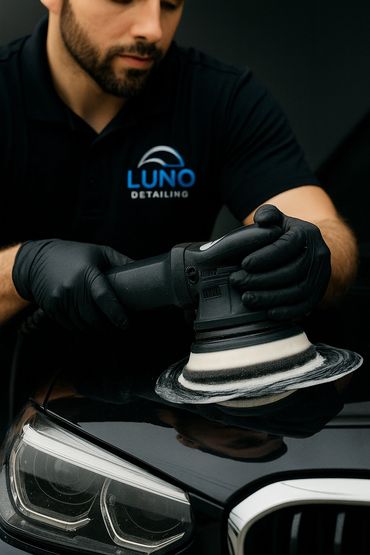 Man wearing black gloves polishing a black car with a buffer.