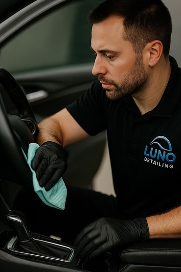 Man in black gloves cleaning car interior with a cloth.