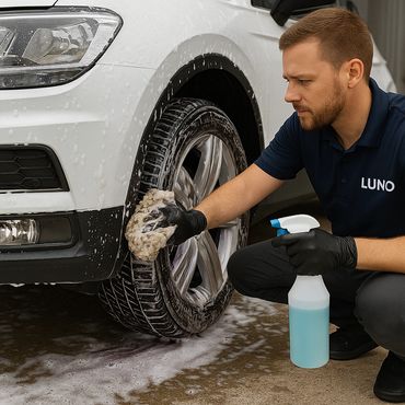 Man cleaning a car tire with a sponge and spray bottle.