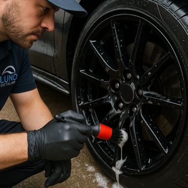 Man cleaning black car wheel with brush and foam.