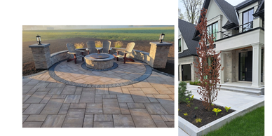 A circular stone patio with Adirondack chairs around a fire pit in an open field.