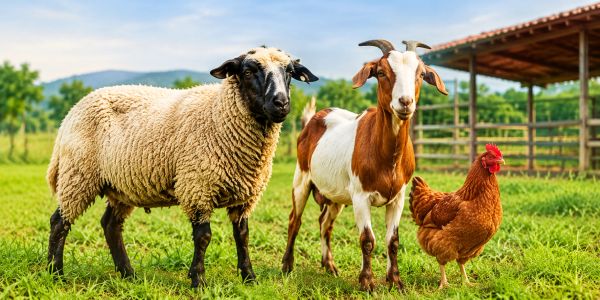 Sheep, goat, and chicken standing in a grassy field.