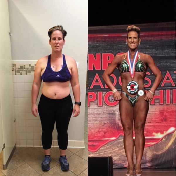 Before and after bodybuilding transformation.