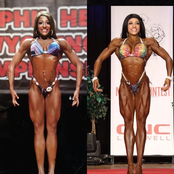 Before and after bodybuilding transformation.
