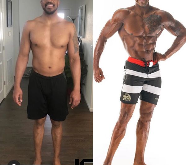A men's before and after bodybuilding transformation.