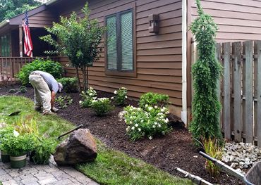 Condominium complex with tree and shrub plantings, lawn and landscape maintenance