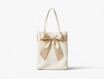 Custom-made fabric tote bag featuring a bespoke decorative bow, showcasing precision sewing and textile fabrication.