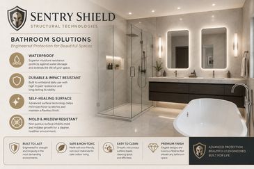 Modern bathroom showcasing Sentry Shield's durable, waterproof, and self-healing bathroom surface solutions.