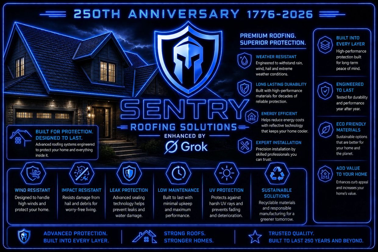 Neon-themed ad for Sentry Roofing Solutions celebrating 250 years of protection and durability.