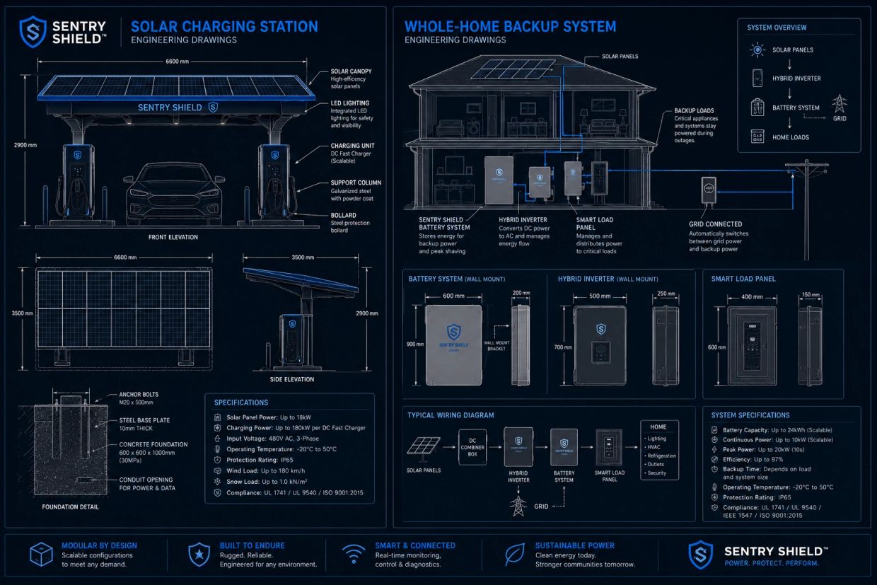 Blueprint of Sentry Shield solar charging station and whole-home backup system with specifications.