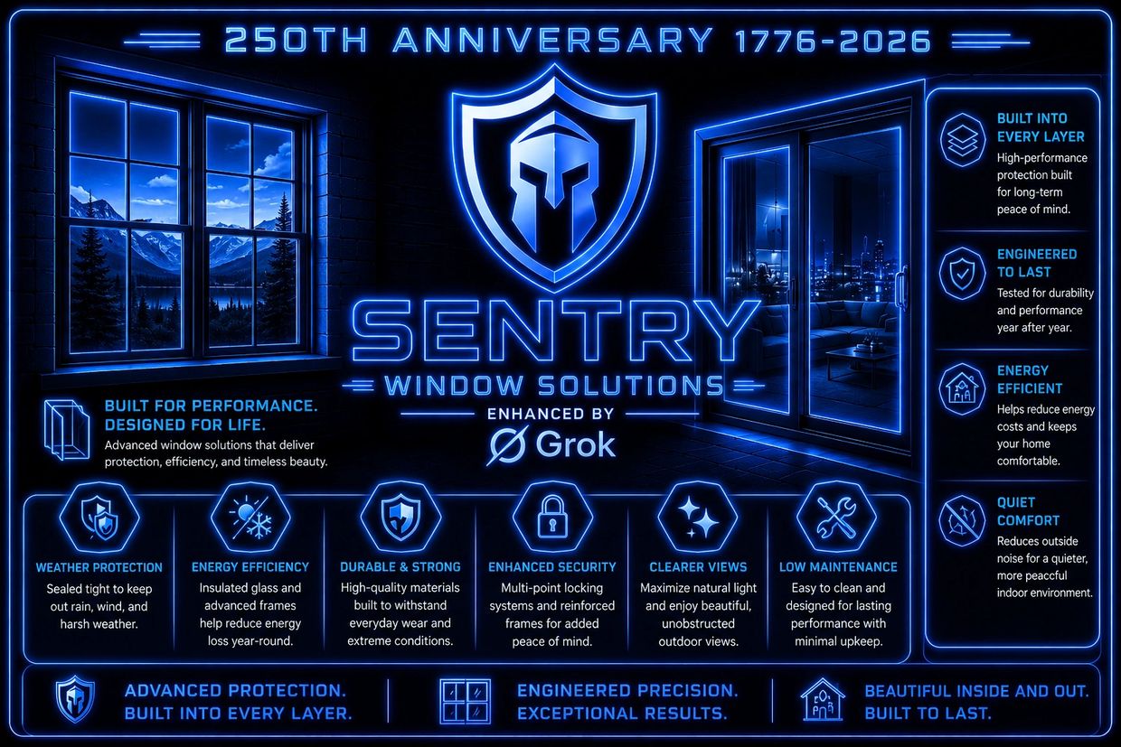 Neon-themed ad for Sentry Window Solutions with advanced protection and energy efficiency features.