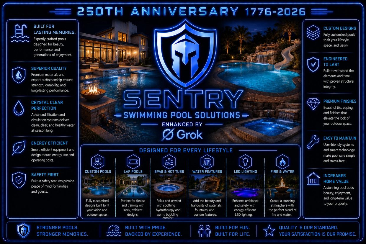 Elegant nighttime pool scene showcasing Sentry Swimming Pool Solutions' features and benefits.