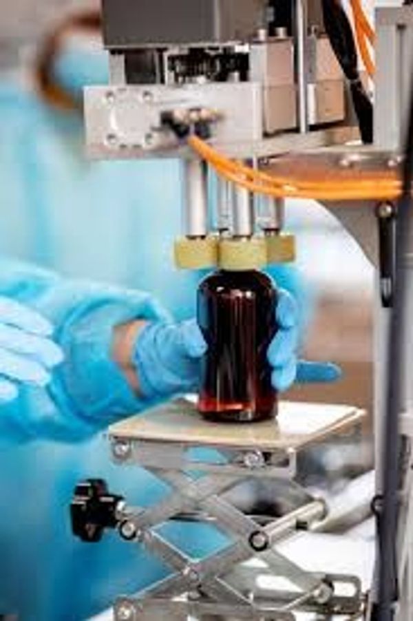Gloved hands operating machinery to fill a dark bottle in a lab setting.