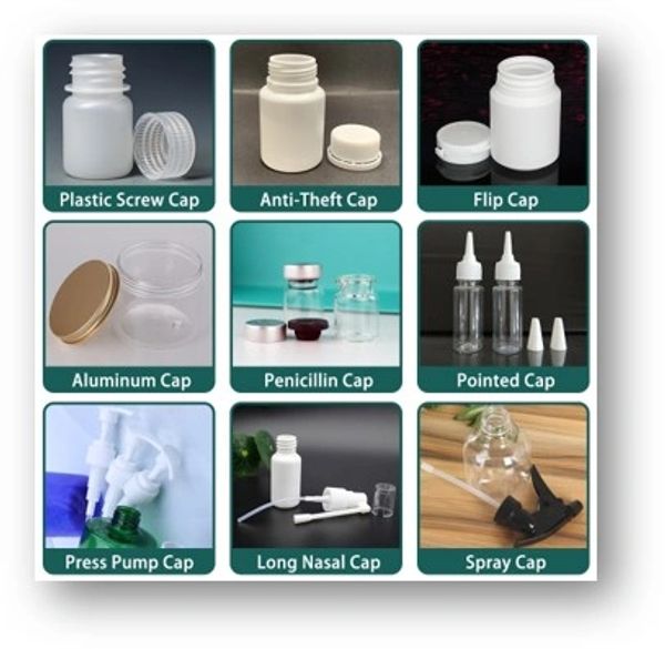 Various types of bottle caps including screw, anti-theft, flip, and spray caps.
