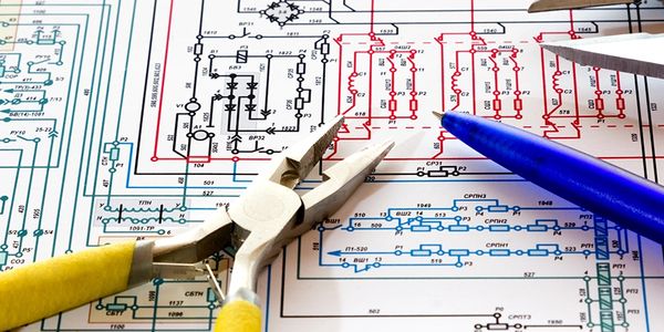 Electrical schematic with pliers and pen on top.