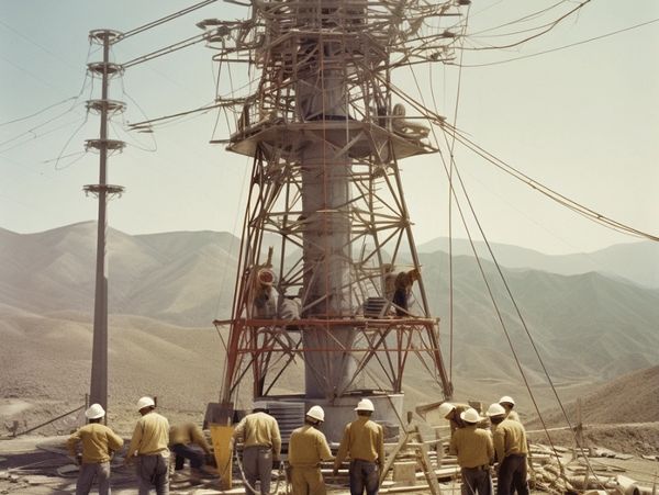 Workers in helmets assembling a large electrical tower in a mountainous area.