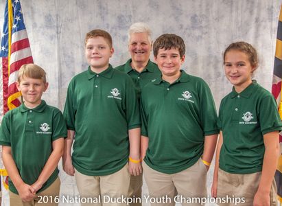 Youth team in green polo shirts at 2016 National Duckpin Youth Championships.