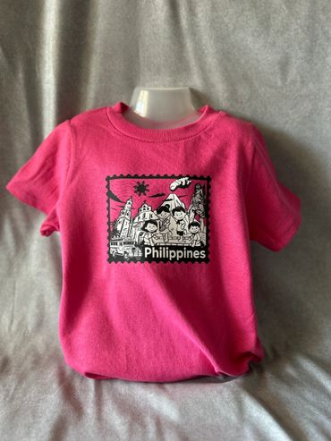 Pink Philippines-themed t-shirt with cartoon and landmark design.