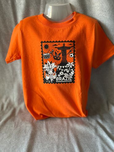 Orange Brazil-themed t-shirt with iconic symbols and festive design.