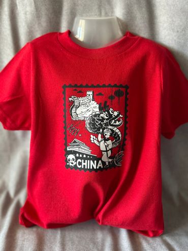 Red t-shirt with black and white China-themed graphic design.