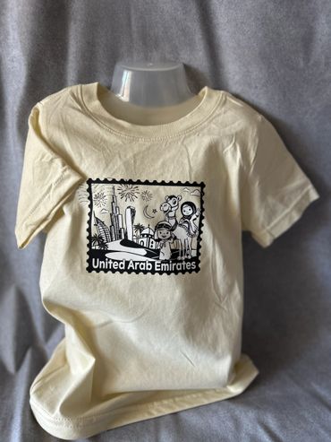Beige t-shirt with a United Arab Emirates cartoon stamp print.