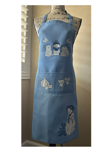 Light blue apron with cute bear, tiger, and human character illustrations.