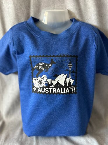Blue t-shirt with Australian-themed print featuring a koala, kangaroo, and Sydney Opera House.